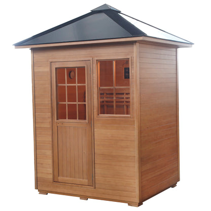 SunRay Freeport 3-person outdoor sauna, three-quarter view on white, with a black pitched roof, a wooden door with a multi-pane window and a front window