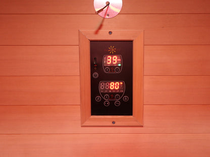 Digital control panel on the wall inside the SunRay Freeport, with buttons for time, temperature, music and lights (interior shared with the Waverly)