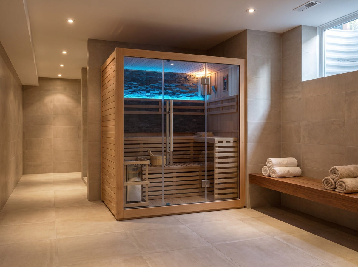 SunRay Galaxie 4-person indoor sauna in a finished basement, three-quarter view of the glass front and lit stone back wall