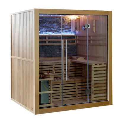 SunRay Galaxie 4-person indoor sauna, three-quarter view on white, with an all-glass front, wood side wall, two-tier benches and the stone back wall