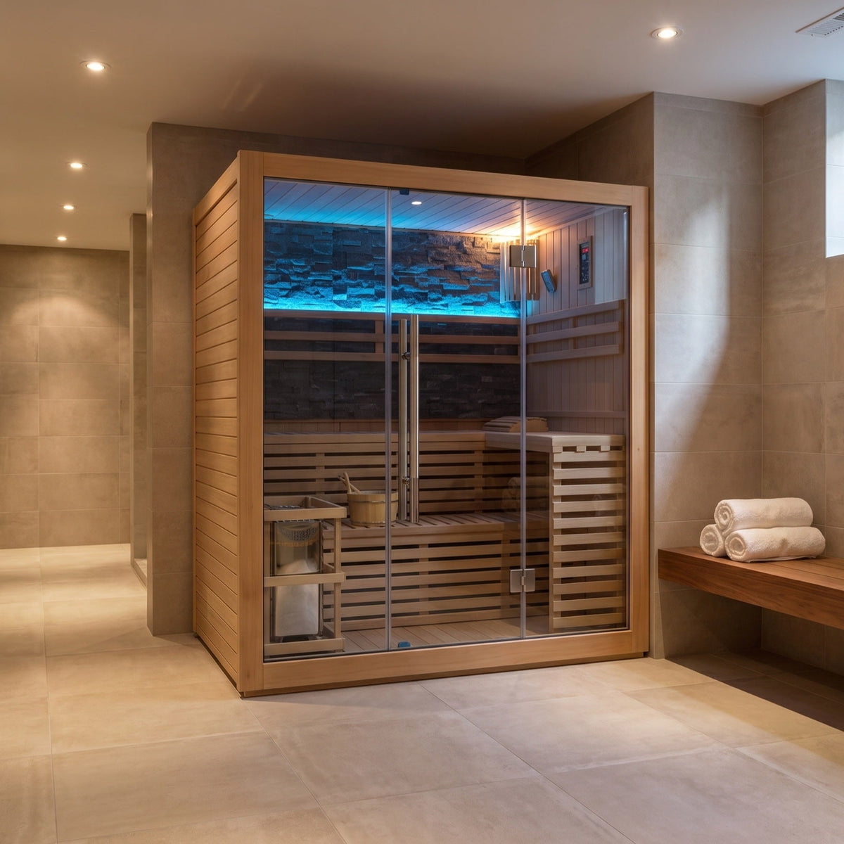 SunRay Galaxie indoor sauna for 4 in hemlock, glass front with the lit stone back wall and two tier benches, set in a basement room with a wall bench and rolled towels