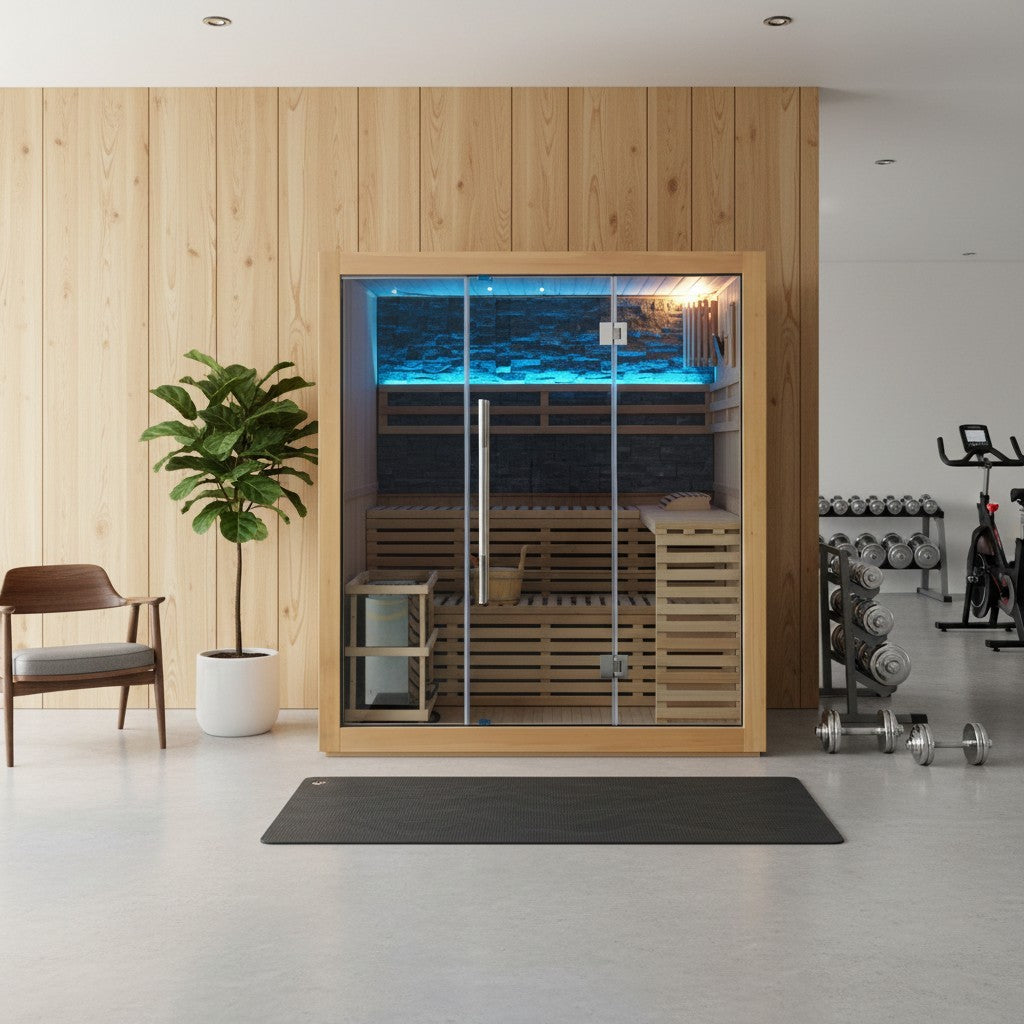 SunRay Galaxie indoor sauna in a home gym, front view with two-tier benches and blue-lit stone wall
