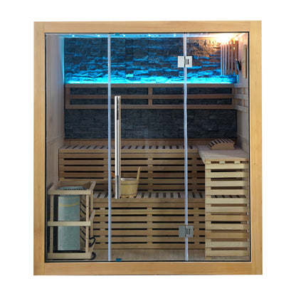 SunRay Galaxie front view on white: all-glass front, two-tier benches, stone back wall lit in blue and the heater on the left