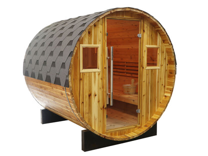 SunRay Galley 4-person barrel sauna in western red cedar, three-quarter view with shingled roof, full glass door and two windows, on a white background