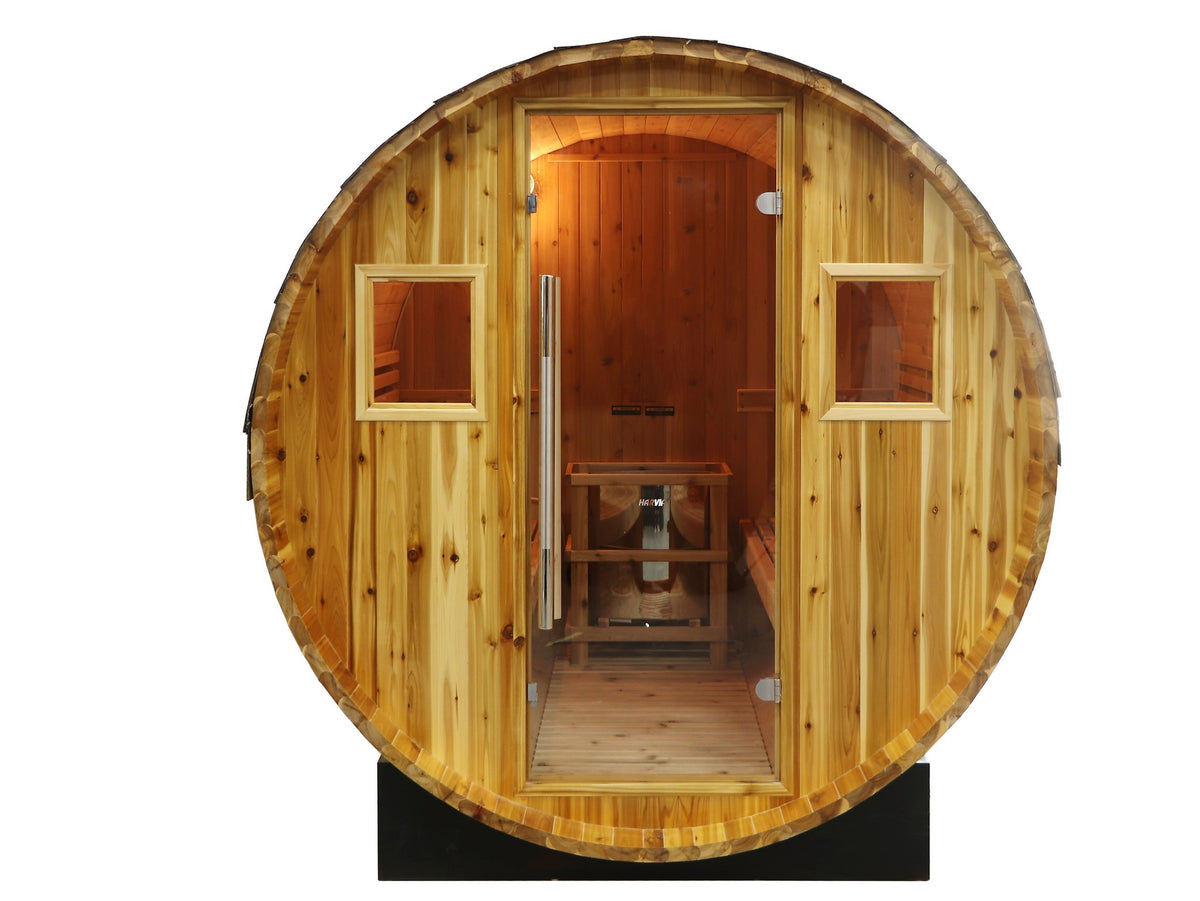 SunRay Galley front view on white: full glass door between two windows in the round cedar end wall