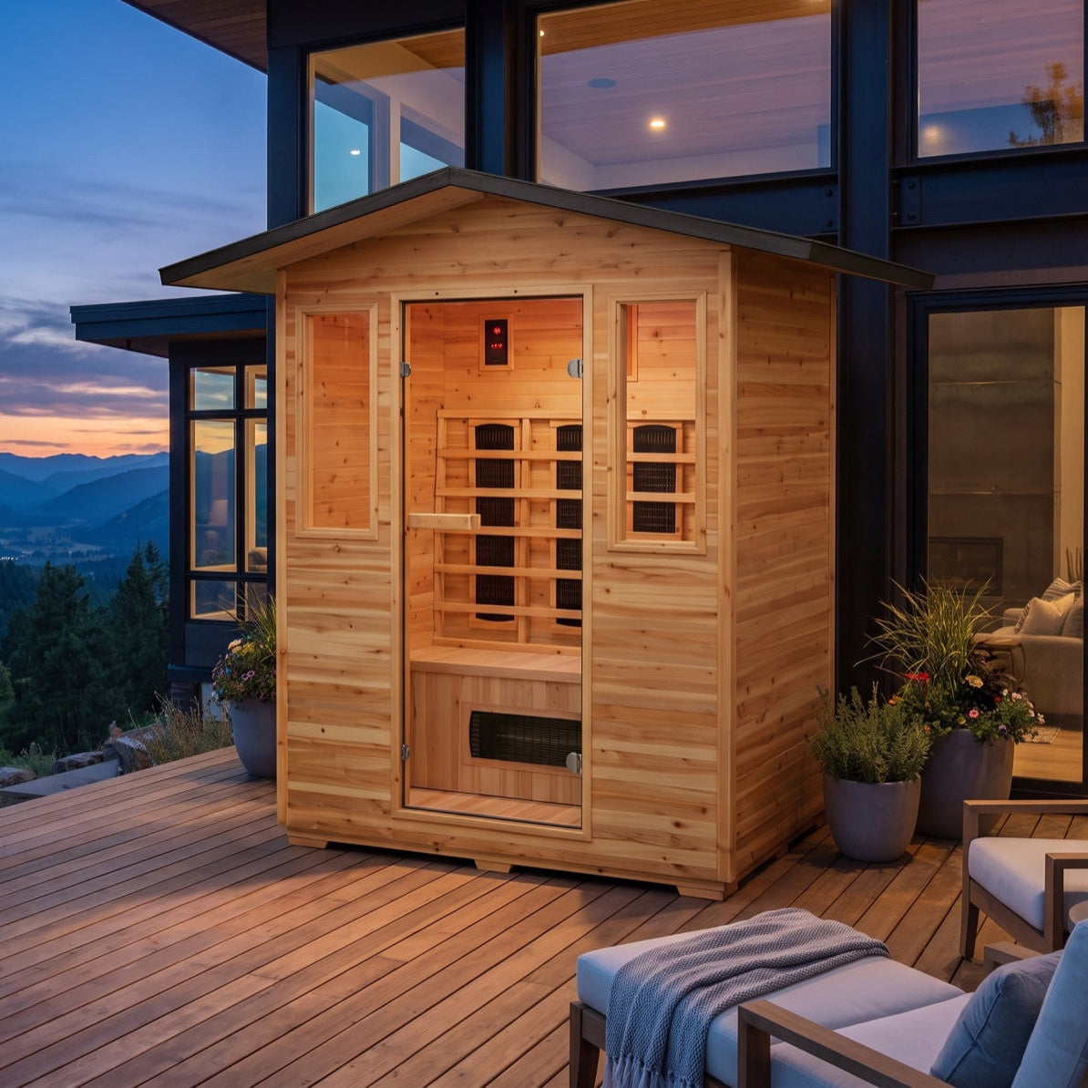 SunRay Grandby outdoor infrared sauna for 3 in hemlock, glass door between two windows showing the heater panels, on a wooden deck beside a modern house at dusk with mountains behind