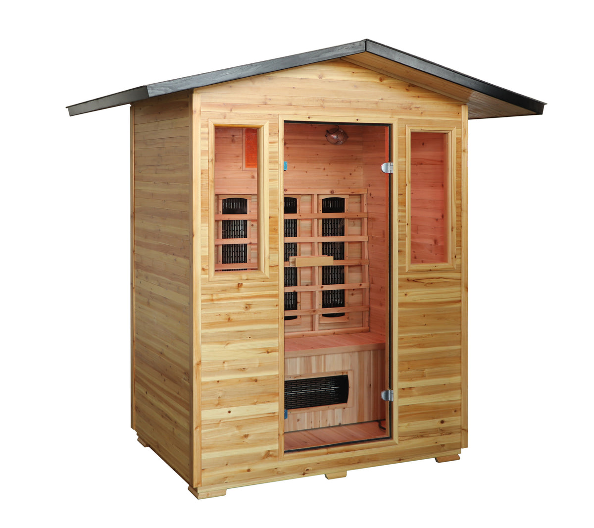 SunRay Grandby 3-person outdoor infrared sauna in hemlock, three-quarter view with pitched black metal roof, glass door and two windows, on a white background