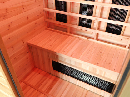Looking down at the SunRay Grandby bench from the door: infrared panel set in the bench front, heater panels behind the backrest