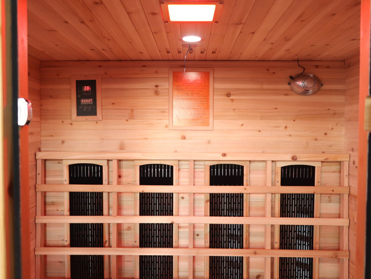SunRay Grandby back wall: four infrared heater panels behind the backrest, control panel and ceiling light