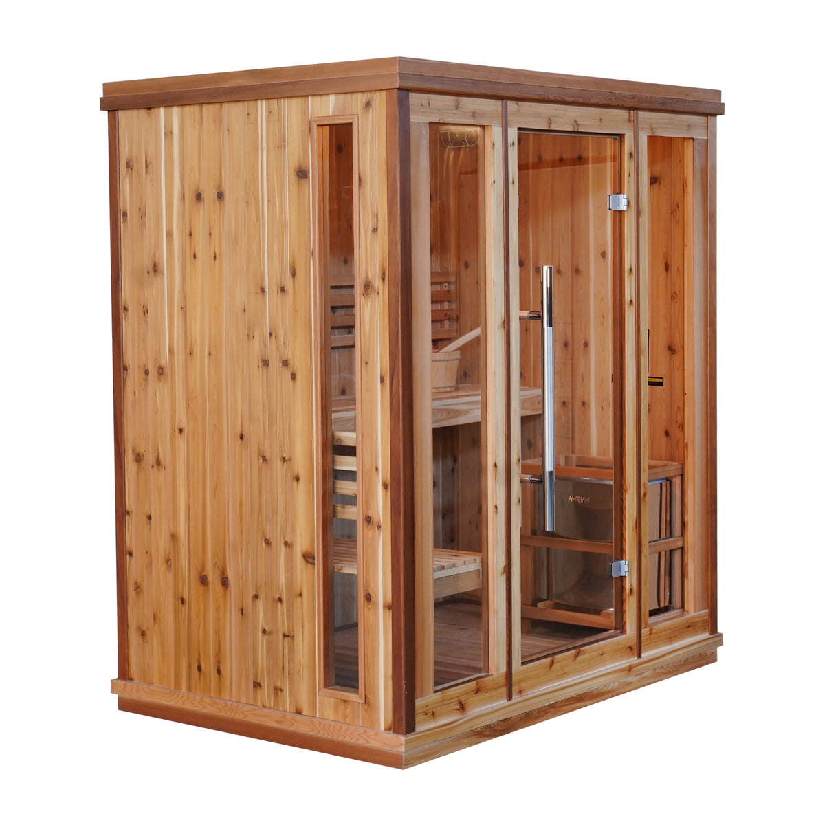 SunRay Hampton 3-person cedar indoor sauna, three-quarter view on white, with a center glass door, glass panels either side and a side window