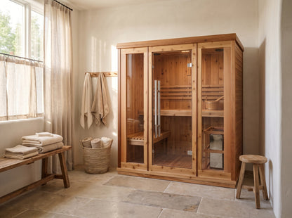 SunRay Hampton 3-person indoor sauna in a sunlit room with linen curtains, two-tier benches and heater visible through the glass front