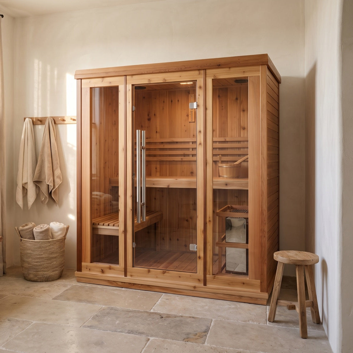 SunRay Hampton indoor sauna for 3 in cedar, three glass panels showing the two bench levels and the heater, in a sunny room with hanging towels and a woven basket