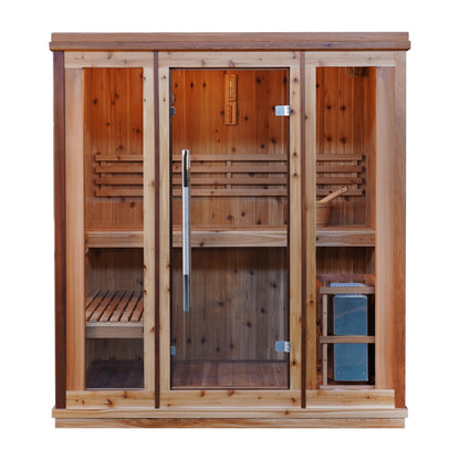 SunRay Hampton front view on white: glass door with stainless handle between two glass panels, heater on the right