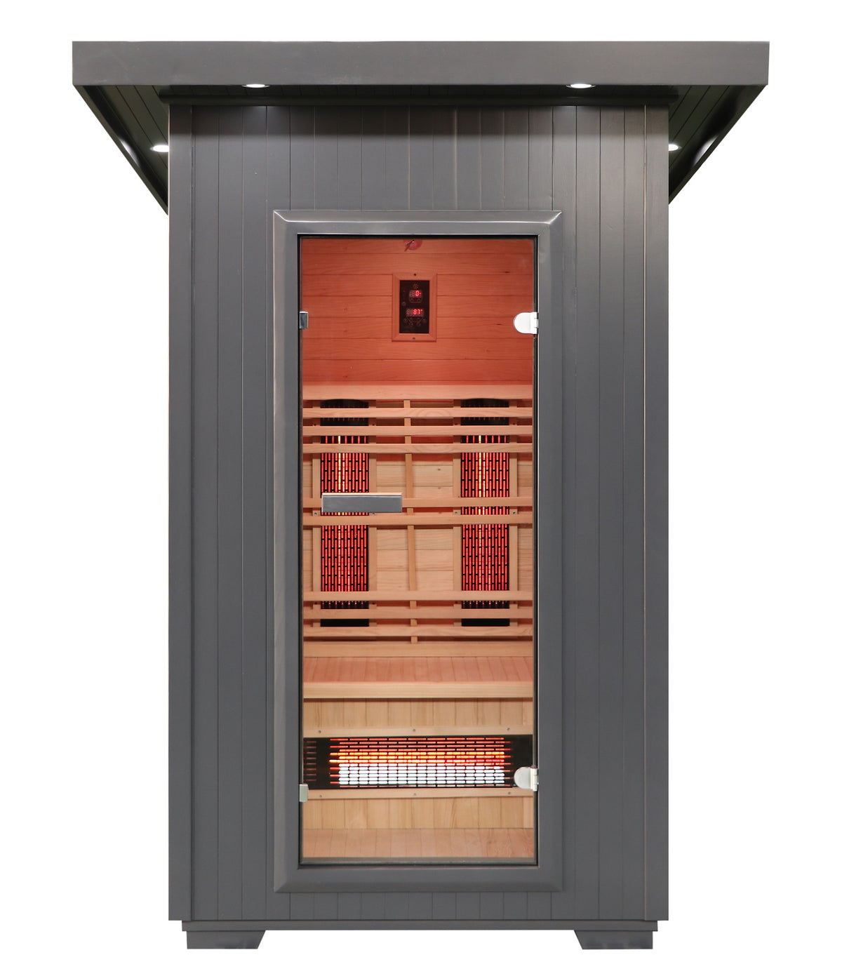 SunRay Logan outdoor infrared sauna, straight-on front view of the charcoal exterior and glass door, on a white background