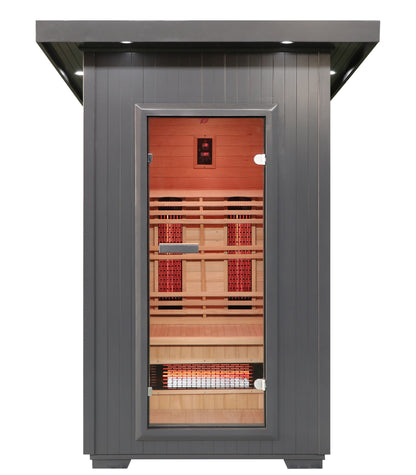 SunRay Logan outdoor infrared sauna, straight-on front view of the charcoal exterior and glass door, on a white background