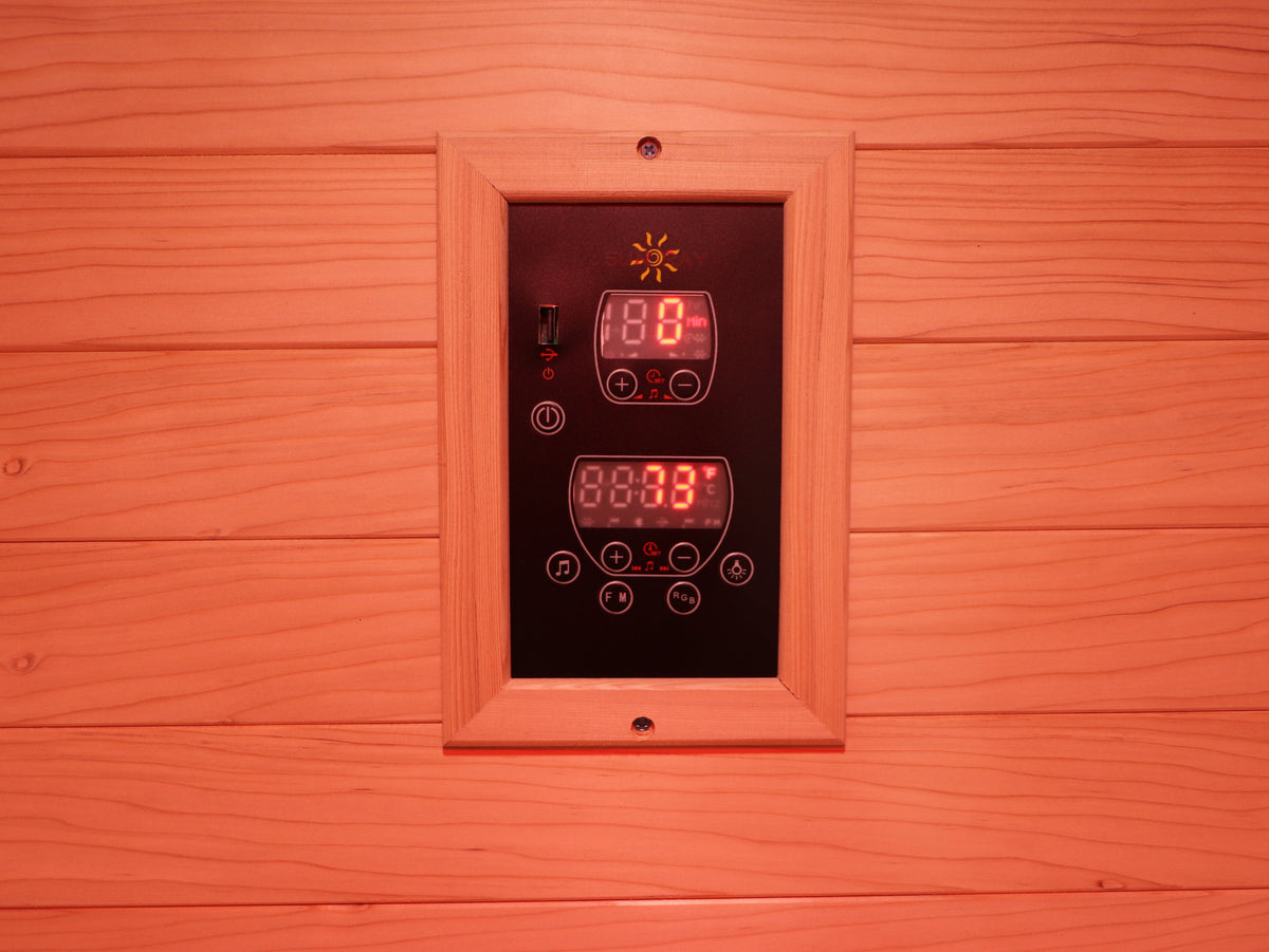 Digital control panel on the hemlock wall of the SunRay Logan