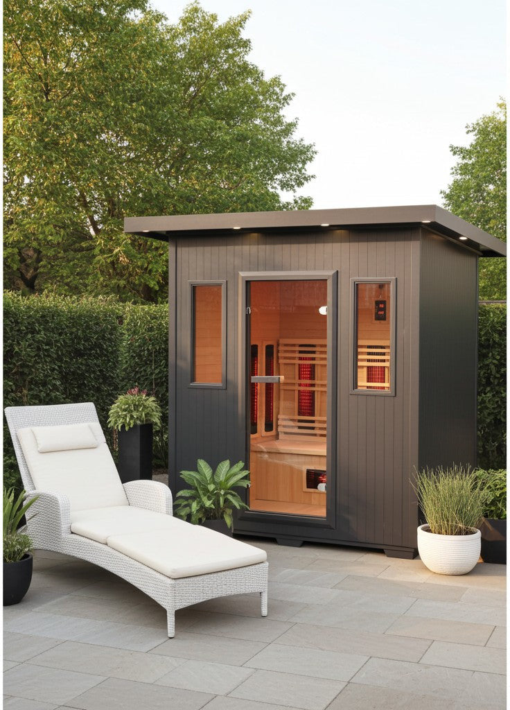 SunRay Pacific outdoor infrared sauna on a stone patio with a white lounger and potted plants
