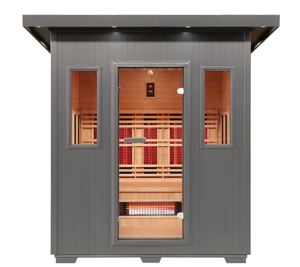 SunRay Pacific straight-on front view of the charcoal exterior: glass door between two windows, on a white background