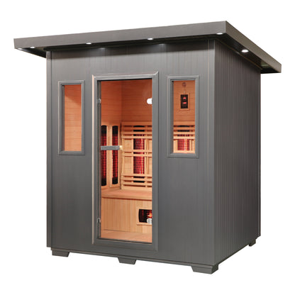 SunRay Pacific 4-person outdoor infrared sauna, three-quarter view of the charcoal exterior with flat roof, roof-edge lights, glass door and two windows, on a white background