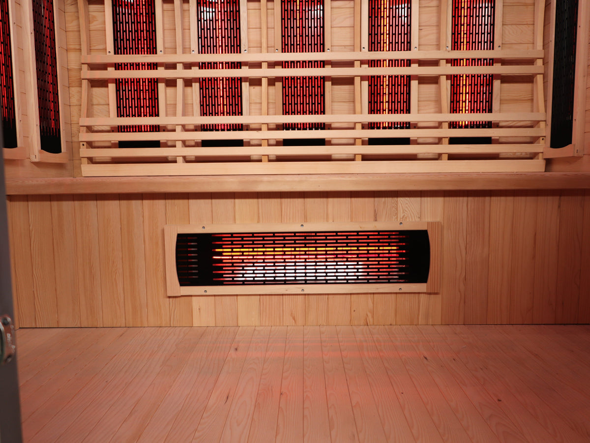 SunRay Pacific bench front with its infrared panel, below the back wall heater panels
