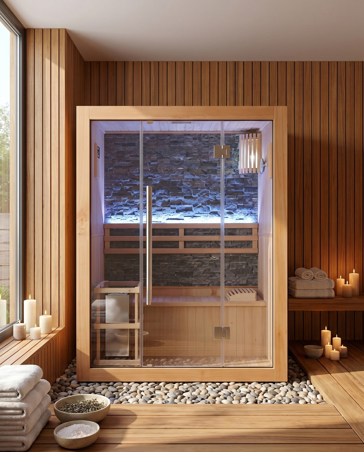 SunRay Rockledge 2-person indoor sauna in a candlelit wood-panelled spa room on a bed of river stones