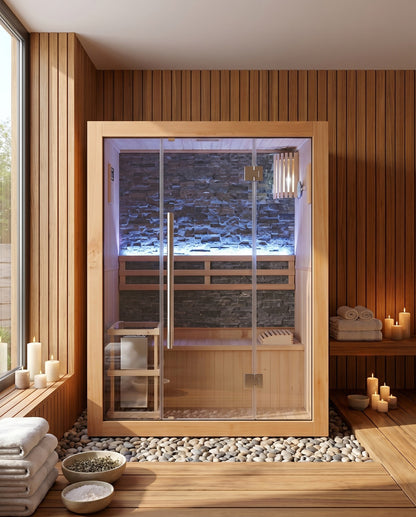 SunRay Rockledge 2-person indoor sauna in a candlelit wood-panelled spa room on a bed of river stones