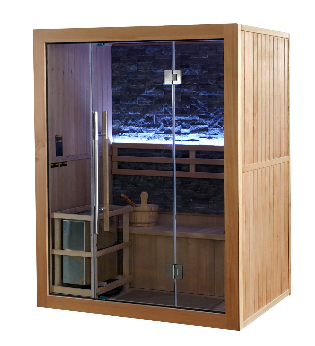 SunRay Rockledge 2-person indoor sauna, three-quarter view on white, with an all-glass front, wood side wall, lit stone back wall and the heater on the left