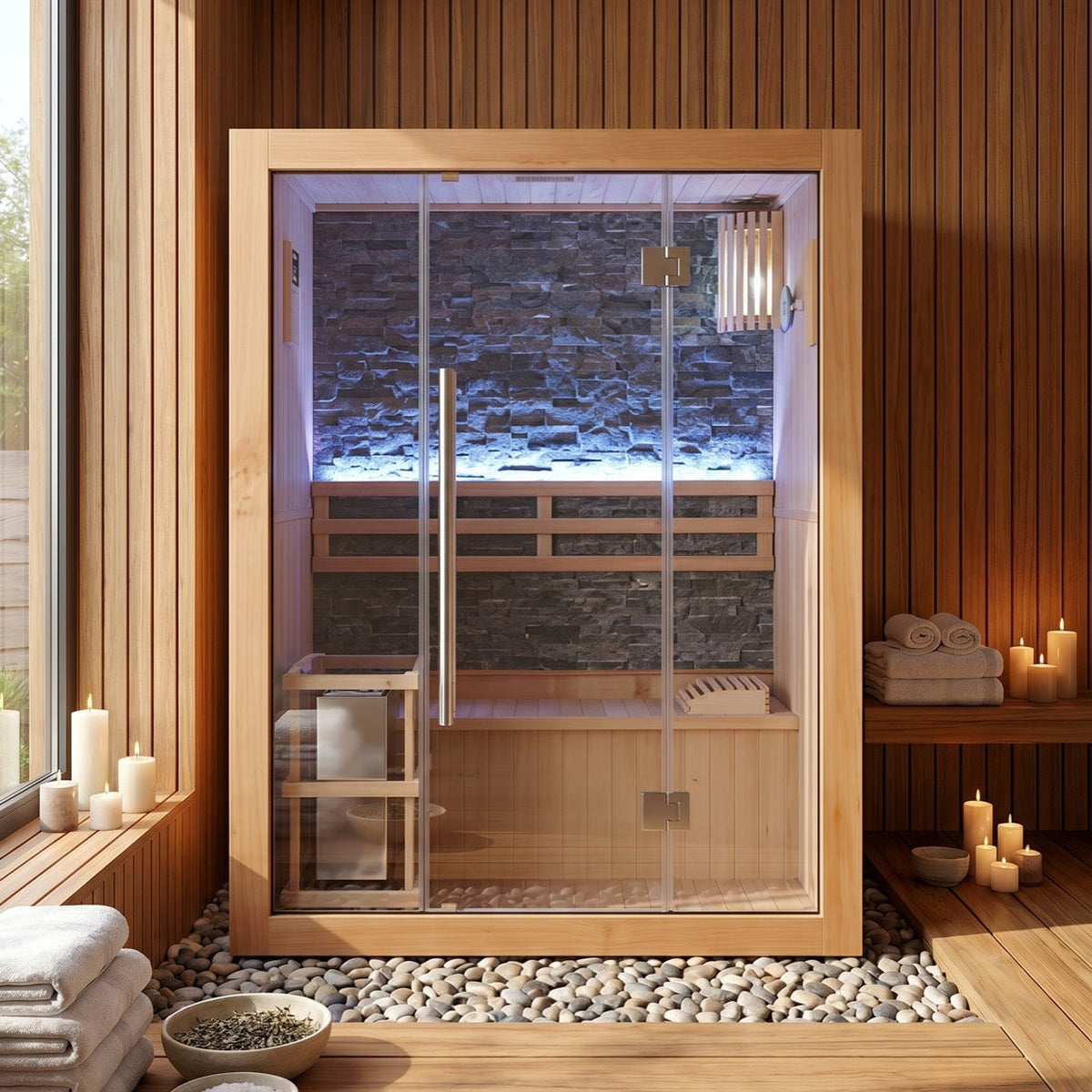 SunRay Rockledge indoor sauna for 2 in hemlock, all glass front showing the lit stone back wall, bench and heater, on a bed of river stones among candles and towels
