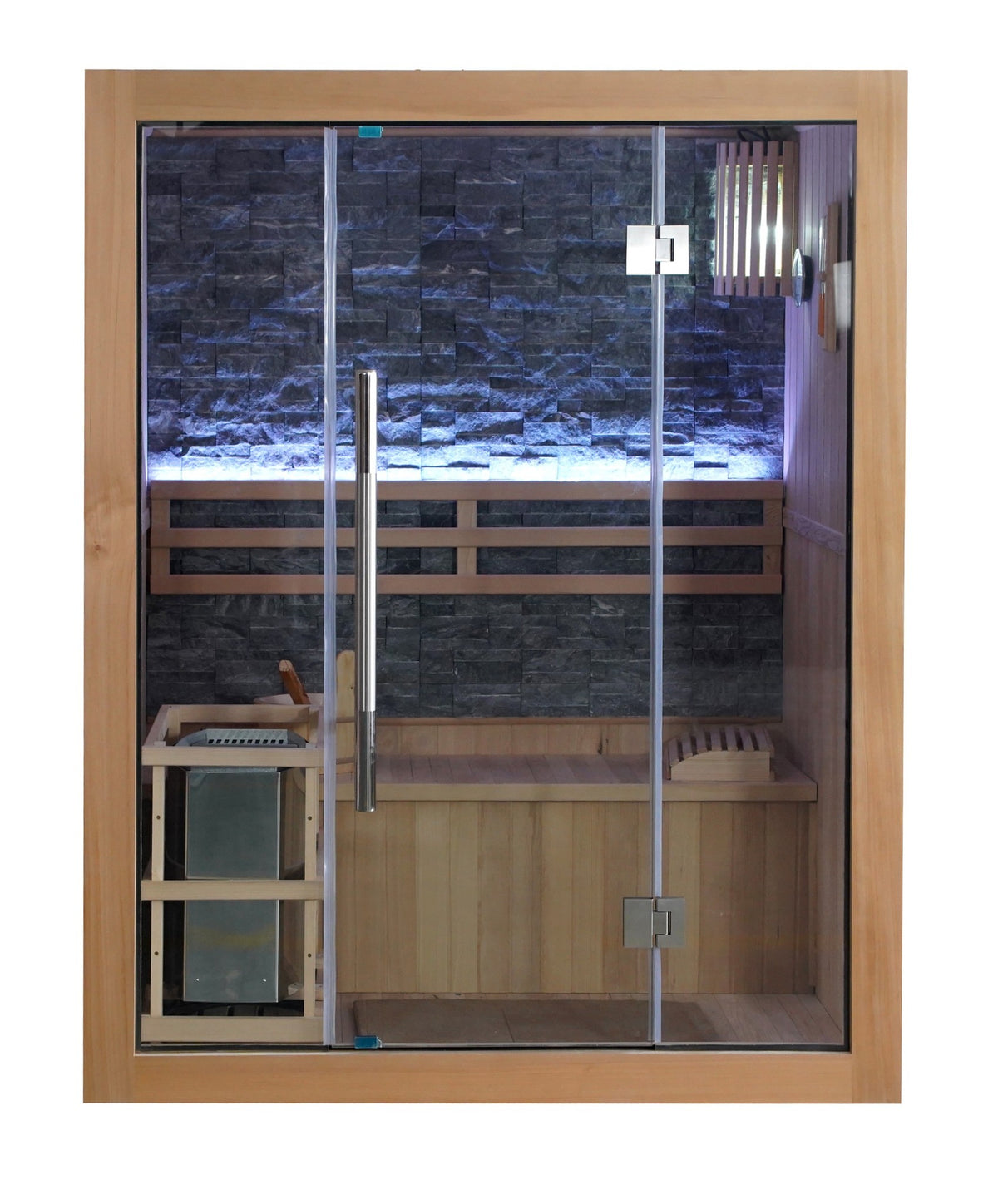 SunRay Rockledge front view on white: all-glass front with a long pull handle, lit stone back wall, bench and the heater in its guard