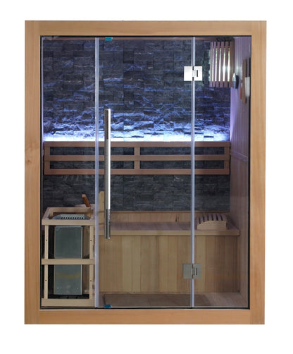 SunRay Rockledge front view on white: all-glass front with a long pull handle, lit stone back wall, bench and the heater in its guard