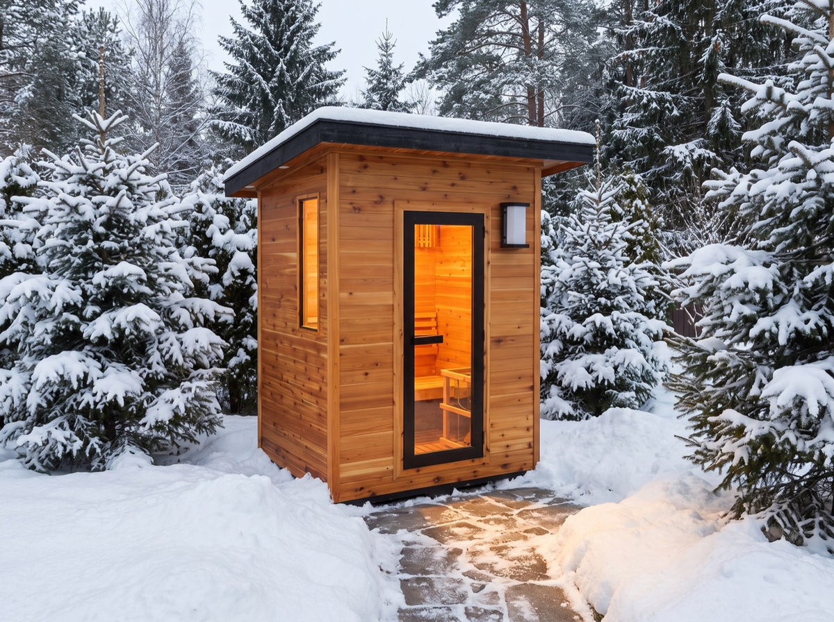SunRay Seneca outdoor sauna among snow-covered pines, interior lit behind the glass door and side window