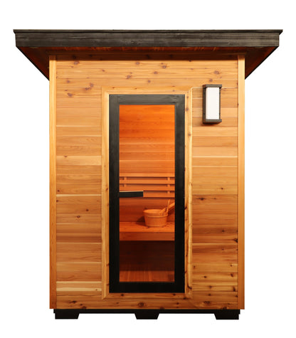 SunRay Seneca front view on white: black-framed glass door, wall lamp and flat roof