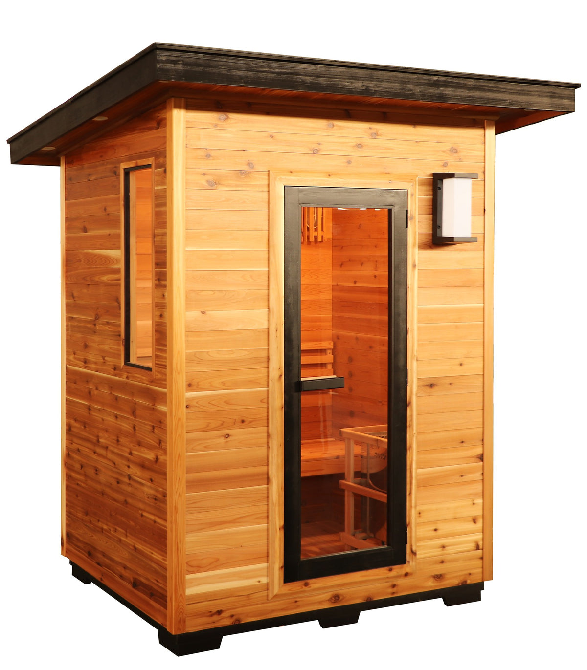 SunRay Seneca 3-person outdoor sauna, three-quarter view on white from the right: side window, black-framed glass door, exterior wall lamp and flat overhanging roof
