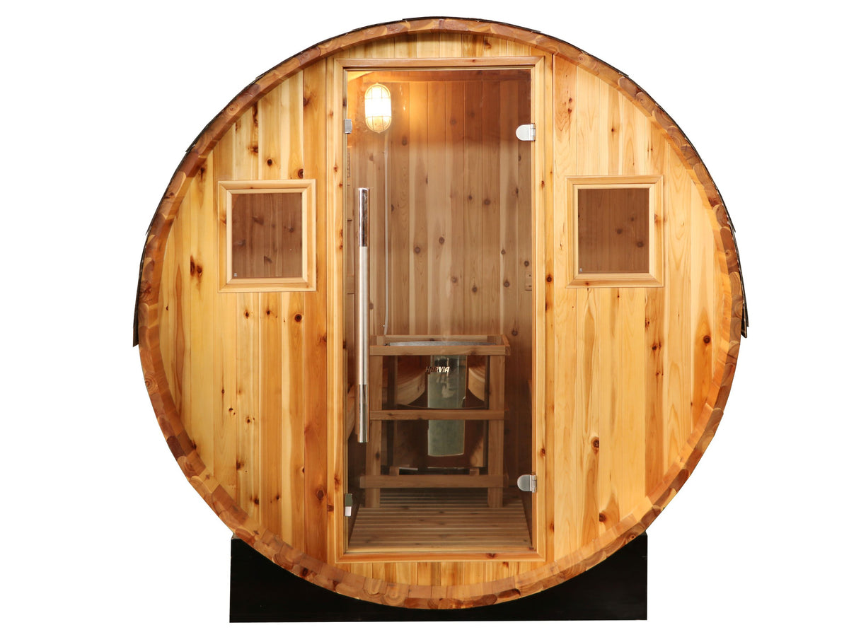 SunRay Solace 2-person barrel sauna in western red cedar, front view with full glass door and two windows, on a white background