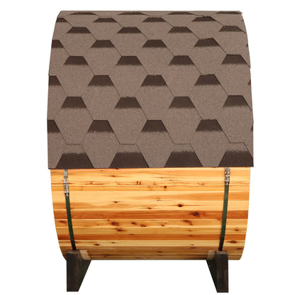 Side view of the SunRay Solace barrel sauna showing the shingled roof cover, metal bands and cradle supports