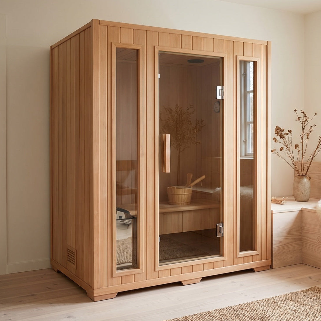 SunRay Southport 3-person indoor sauna in a bright bedroom: glass door between two narrow glass panels, the long bench and bucket visible inside