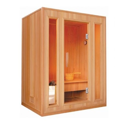 SunRay Southport 3-person indoor sauna in hemlock, three-quarter view on white: glass door between two narrow glass panels, bench and bucket inside