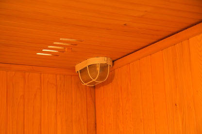 Caged ceiling light and ceiling vent slots inside the SunRay Southport