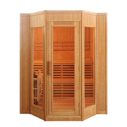 SunRay Tiburon 4-person indoor sauna, front view on white, with an angled five-panel front, wood-framed glass door and two-tier benches inside