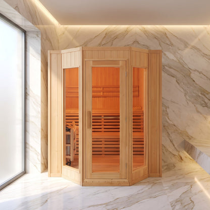 SunRay Tiburon indoor sauna for 4 in hemlock, angled glass door and side windows lit from within, set against veined marble walls under a glowing cove ceiling