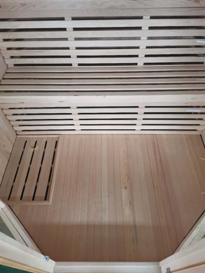 Looking down into the SunRay Tiburon: floor, two-tier benches and the angled front corners