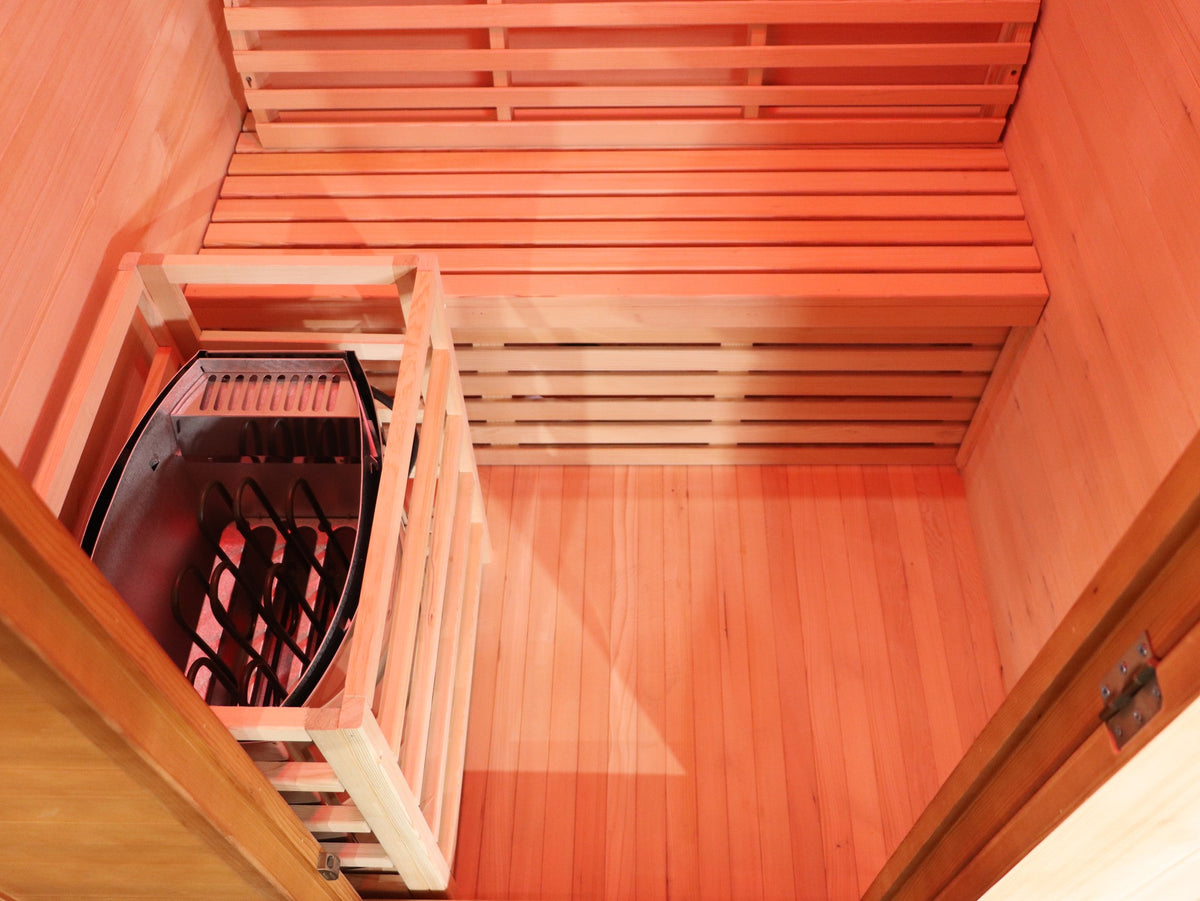 Looking down on the bench, backrest and the heater in its wooden guard inside the SunRay Waverly