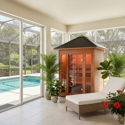 SunRay Waverly sauna in a screened pool room beside a lounger