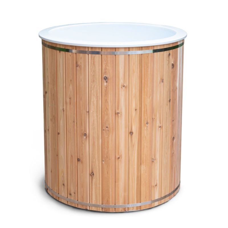 The Baltic Plunge Tub on white, open top showing the white HDPE liner and stainless bands