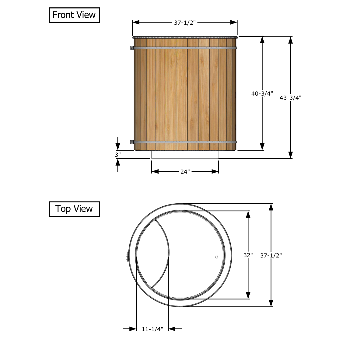 LeisureCraft dimension drawing of the Baltic Plunge Tub, front and top views: 37.5 inch exterior diameter, 40.75 inch body plus a 3 inch skid for 43.75 inches overall, 24 inch skid, 32 inch interior, 11.25 inch seat