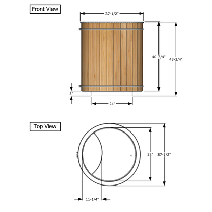 LeisureCraft dimension drawing of the Baltic Plunge Tub, front and top views: 37.5 inch exterior diameter, 40.75 inch body plus a 3 inch skid for 43.75 inches overall, 24 inch skid, 32 inch interior, 11.25 inch seat
