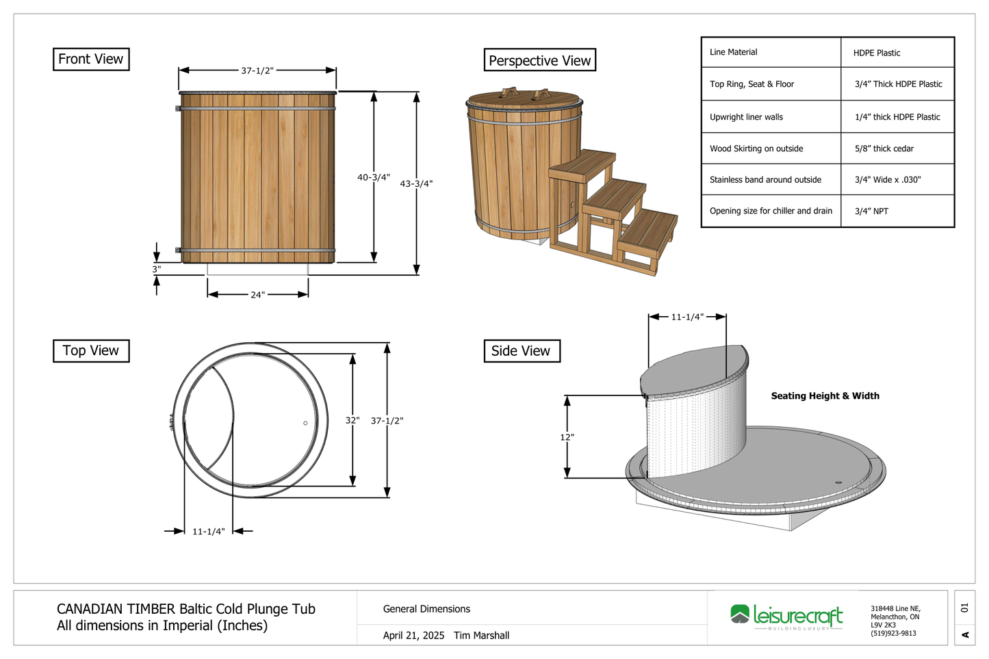 The Baltic Plunge Tub dimension drawing in inches, side and top views with liner and band positions