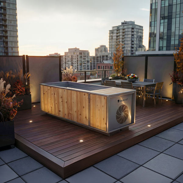 The Flow Cold Plunge in knotty cedar on a rooftop deck with planters and city skyline behind