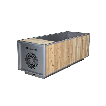 The Flow Cold Plunge on white, three-quarter view showing knotty cedar cladding and the LeisureCraft chiller vent panel