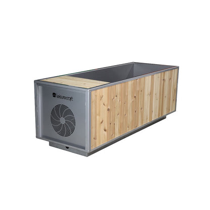 The Flow Cold Plunge on white, three-quarter view showing knotty cedar cladding and the LeisureCraft chiller vent panel